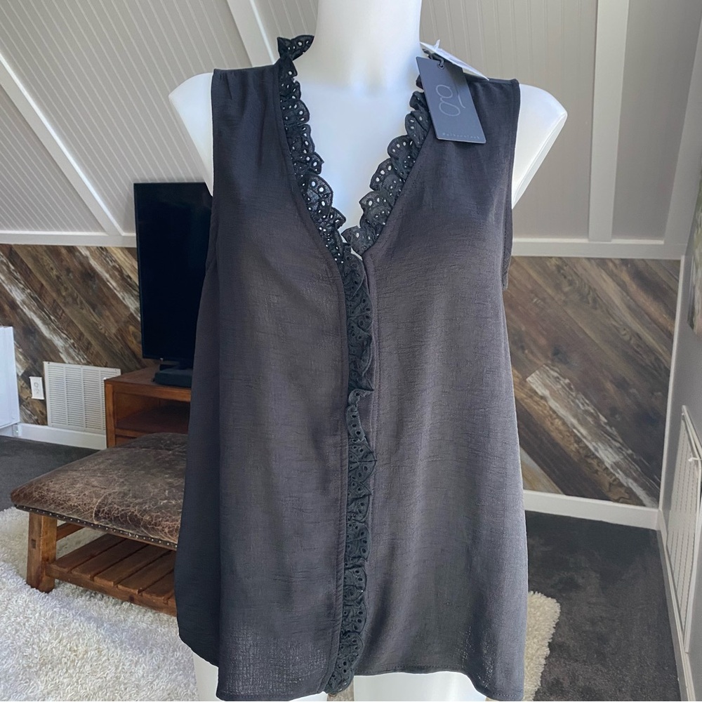 gibsonlook Crochet Ruffle Placket Button Front Blouse in Black